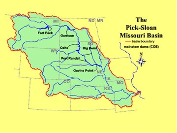 The map shows all the dams that were built by the US Army Corps of Engineers as a part of the Pick-Sloan plan within the Missouri Basin. 