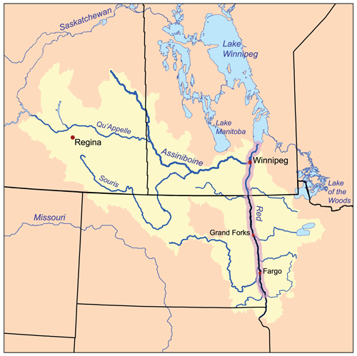 Map of the Red River Basin and areas to be affected by the 1997 flood