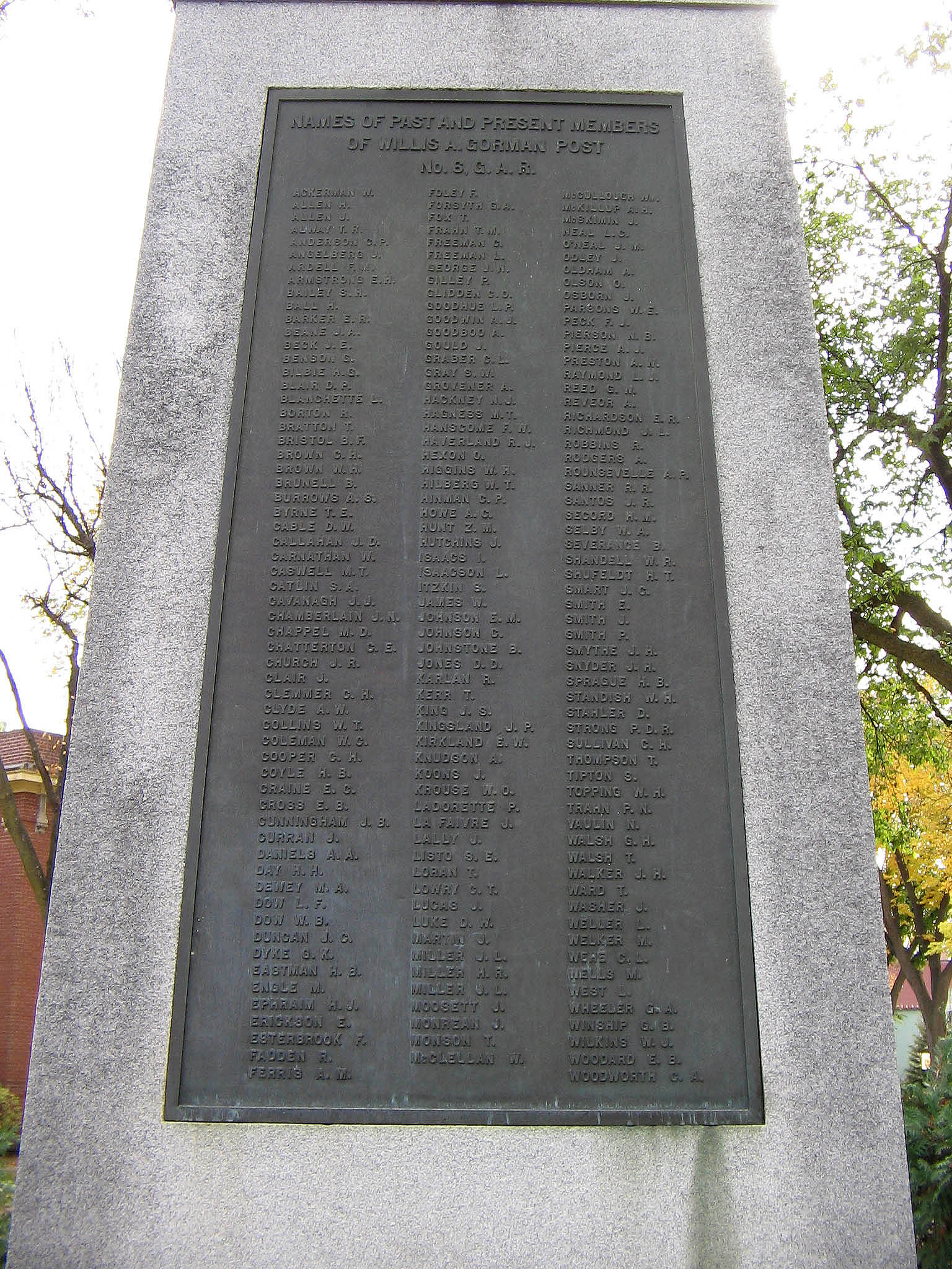 Plaque with names of members of the local GAR camp when monument was dedicated 