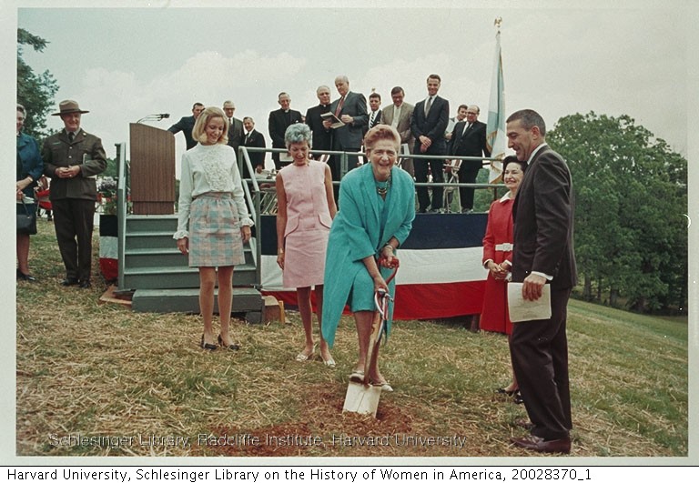 Catherine Shouse and First Lady Johnson at Filene Center groundbreaking ceremony, ca. 1968. Image by David6591 - Harvard University, Radcliffe Institute, Schlesinger Library, CC BY-SA 3.0