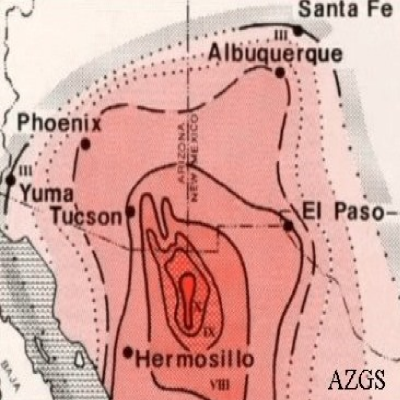 This geological map depicts, by color, which areas were hardest hit by the 1887 earthquake. Courtesy of the Arizona Geological Survey. 