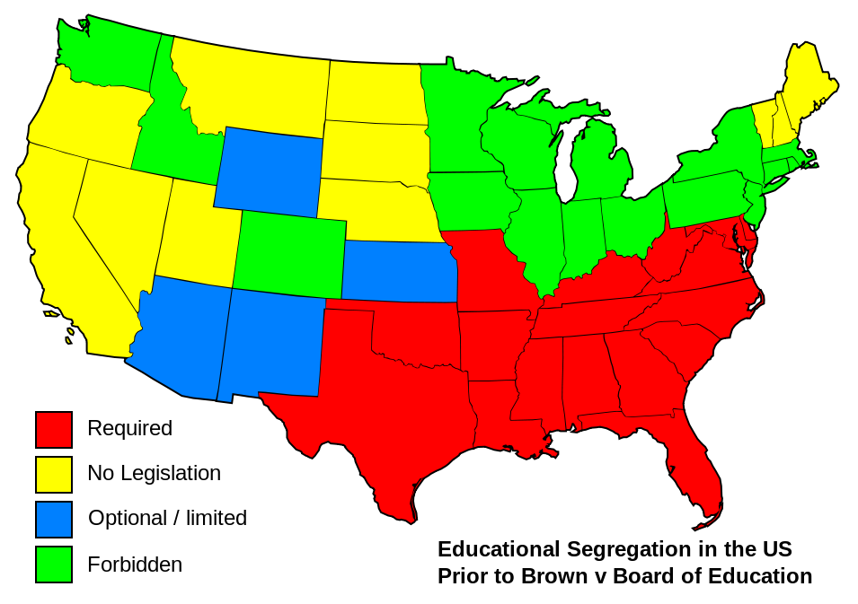 Map of stances on school segregation prior to Brown v. Board in 1954. Courtesy Wikimedia Commons.