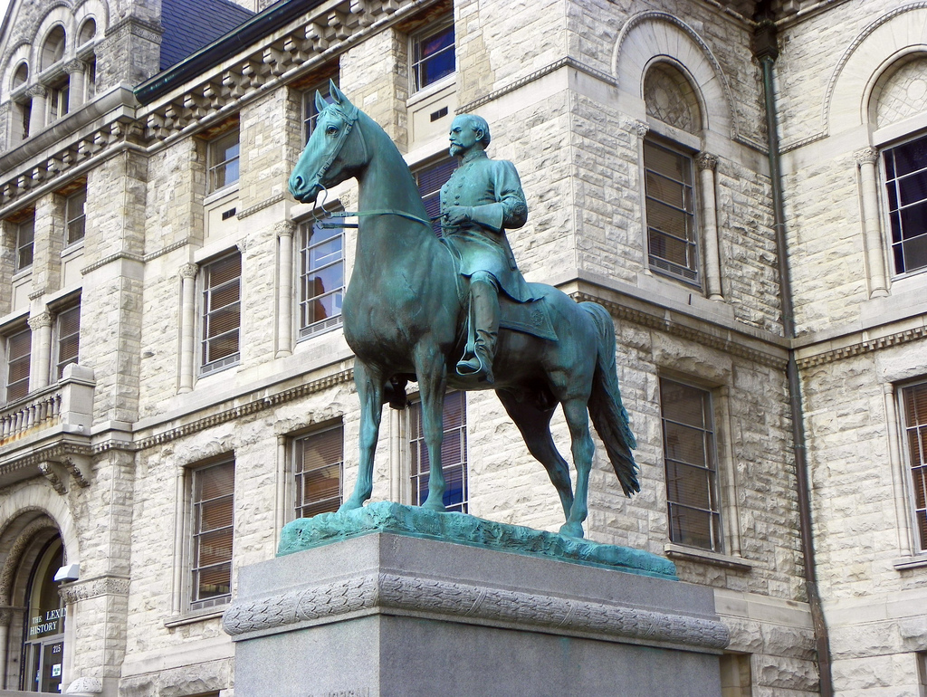 This statue of Confederate General John Hunt Morgan, as well as one of John C. Breckinridge, will remain outside the old Fayette County Courhouse building. 