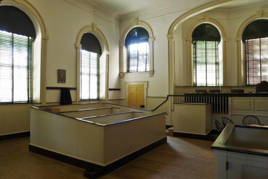 Another view of the courtroom and its jury box. Unlike today, some cases heard by the Supreme Court involved a jury.