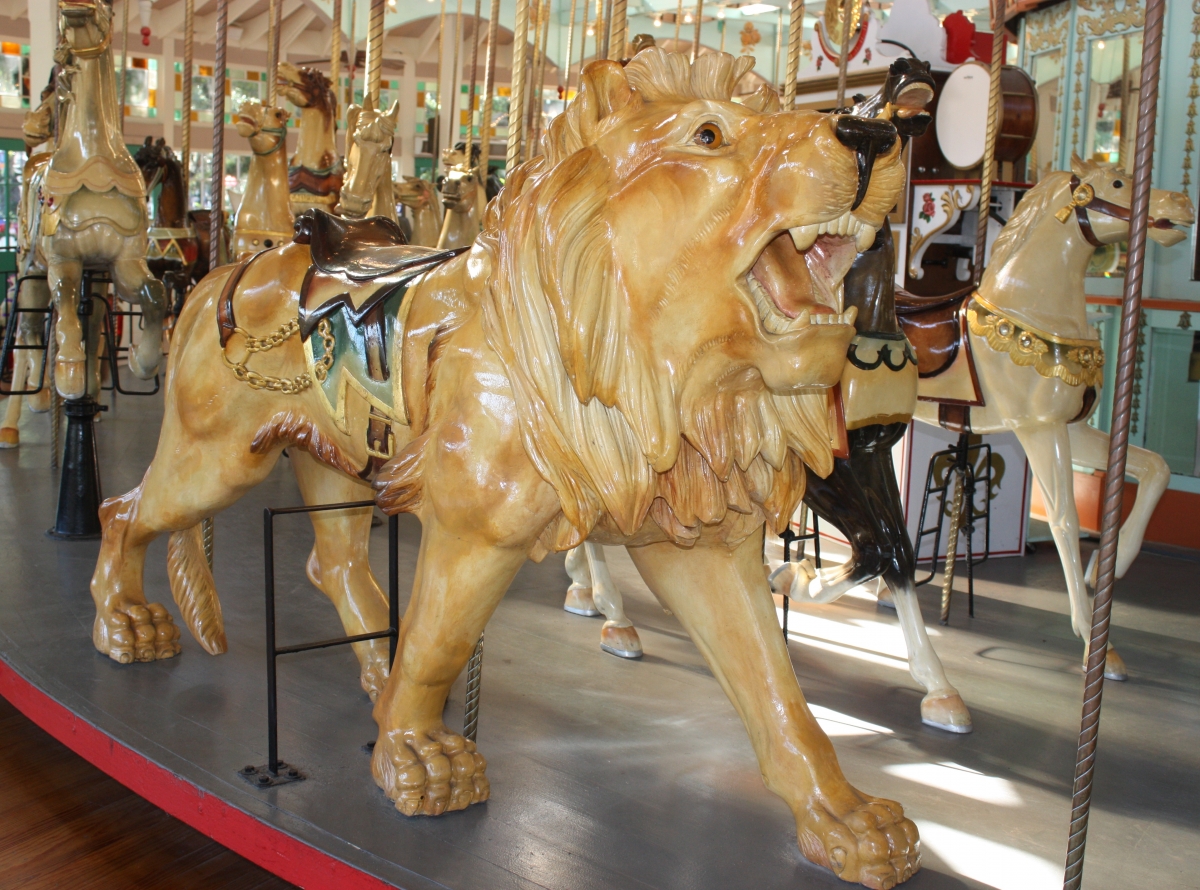 One of the few non-horses on the carousel is this 400-pound lion.