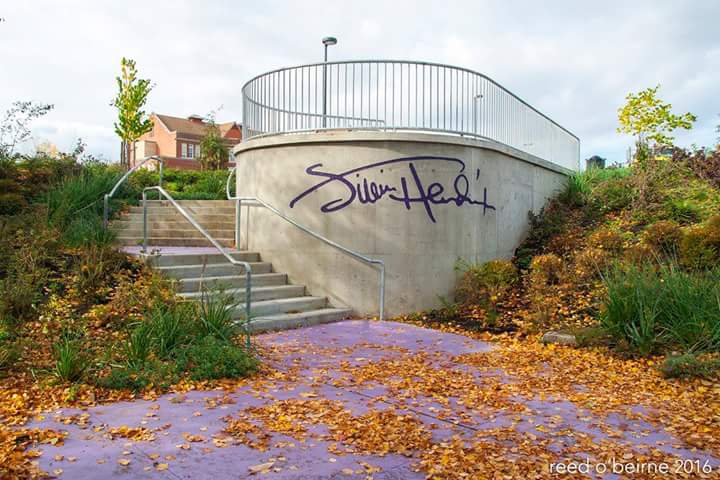 Jimi Hendrix Park Staircase Entry at Southeast corner. Jimi's timeline begins at the top of the stairs.