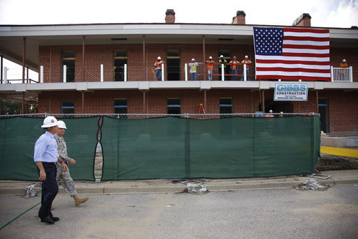 President George W. Bush in 2008 inspecting the reconstruction of Jackson Barracks