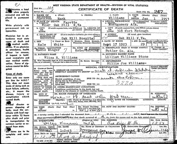 Hank Williams' death certificate (West Virginia State Archives).