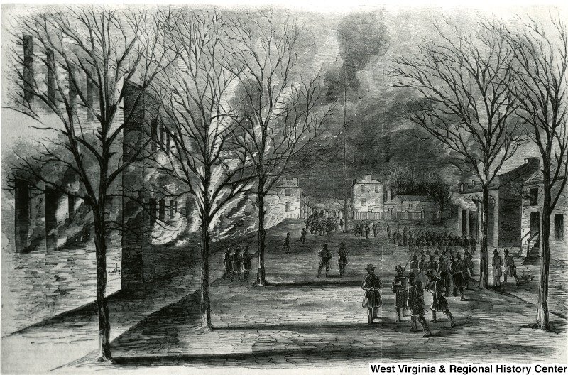 The burning of Harpers Ferry Armory in 1861. Courtesy of West Virginia and Regional History Center, WVU Libraries.