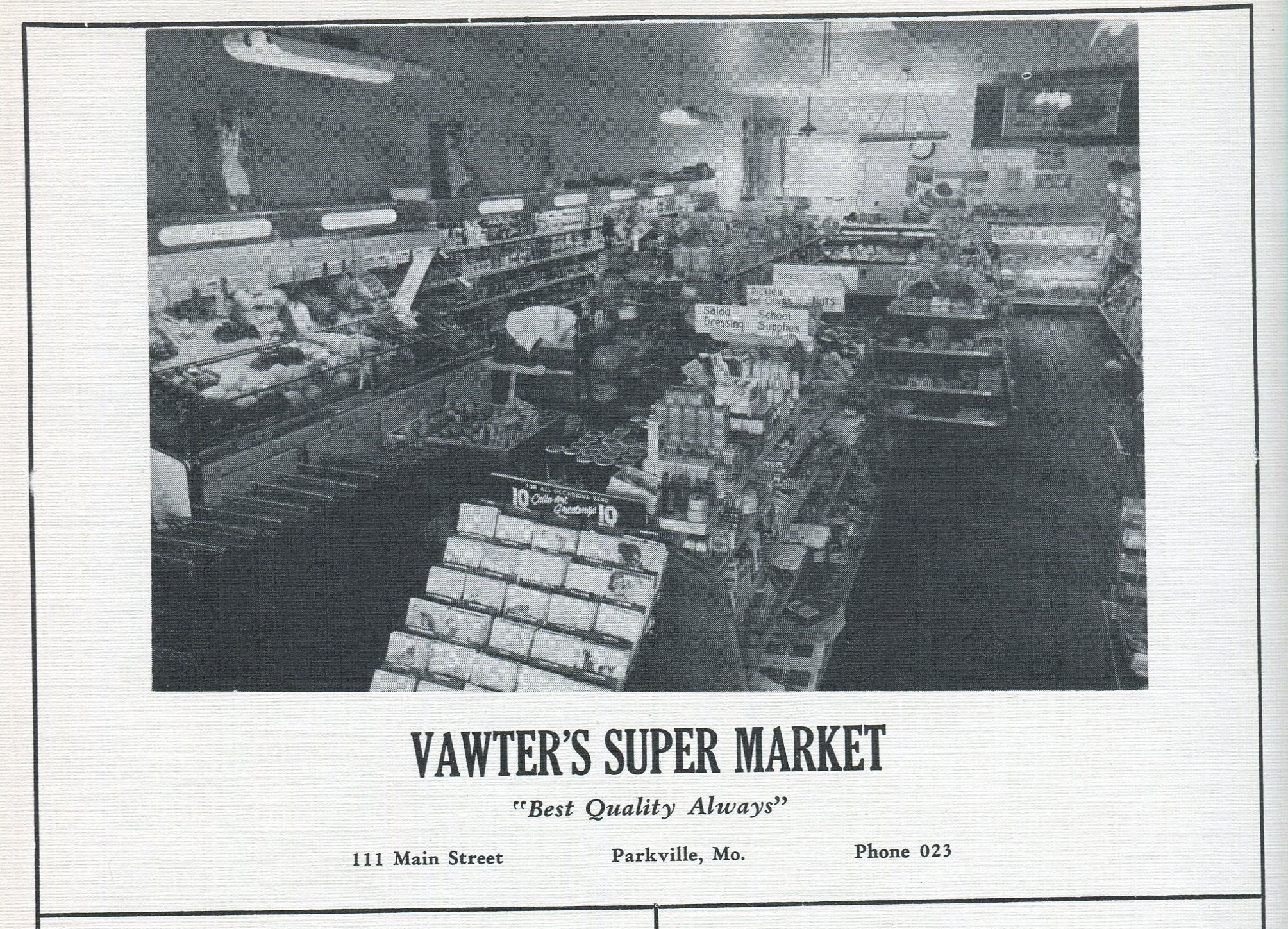 A look inside Vawter's Super Market, featuring aisles of groceries. An advertisement in the 1953 edition of the Narva, the Park College year book.