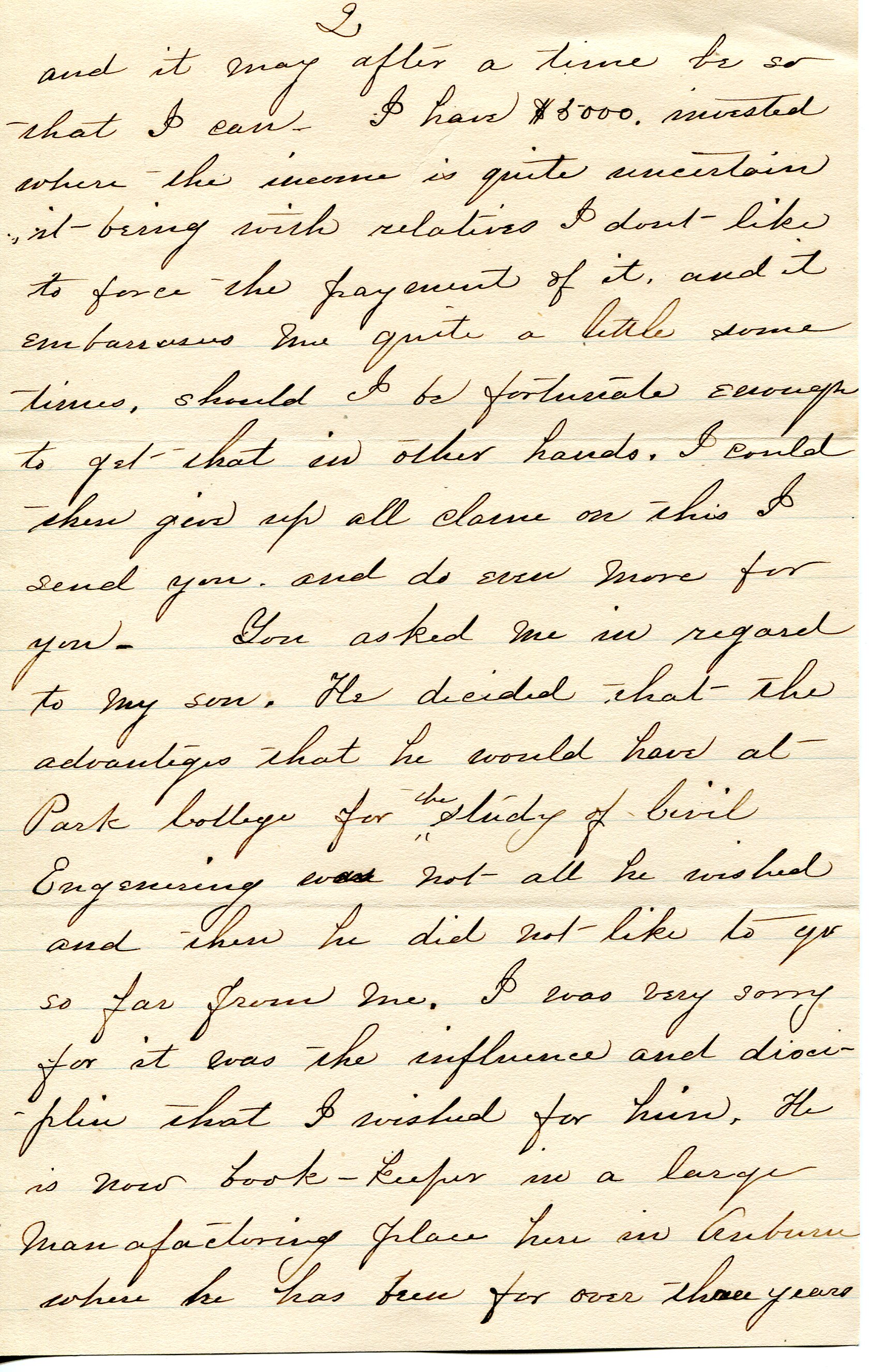 Page two of a letter from Helen Westcott to H. B. McAfee regarding the money she’s sending and her thankfulness for Park’s work. April 1, 1898