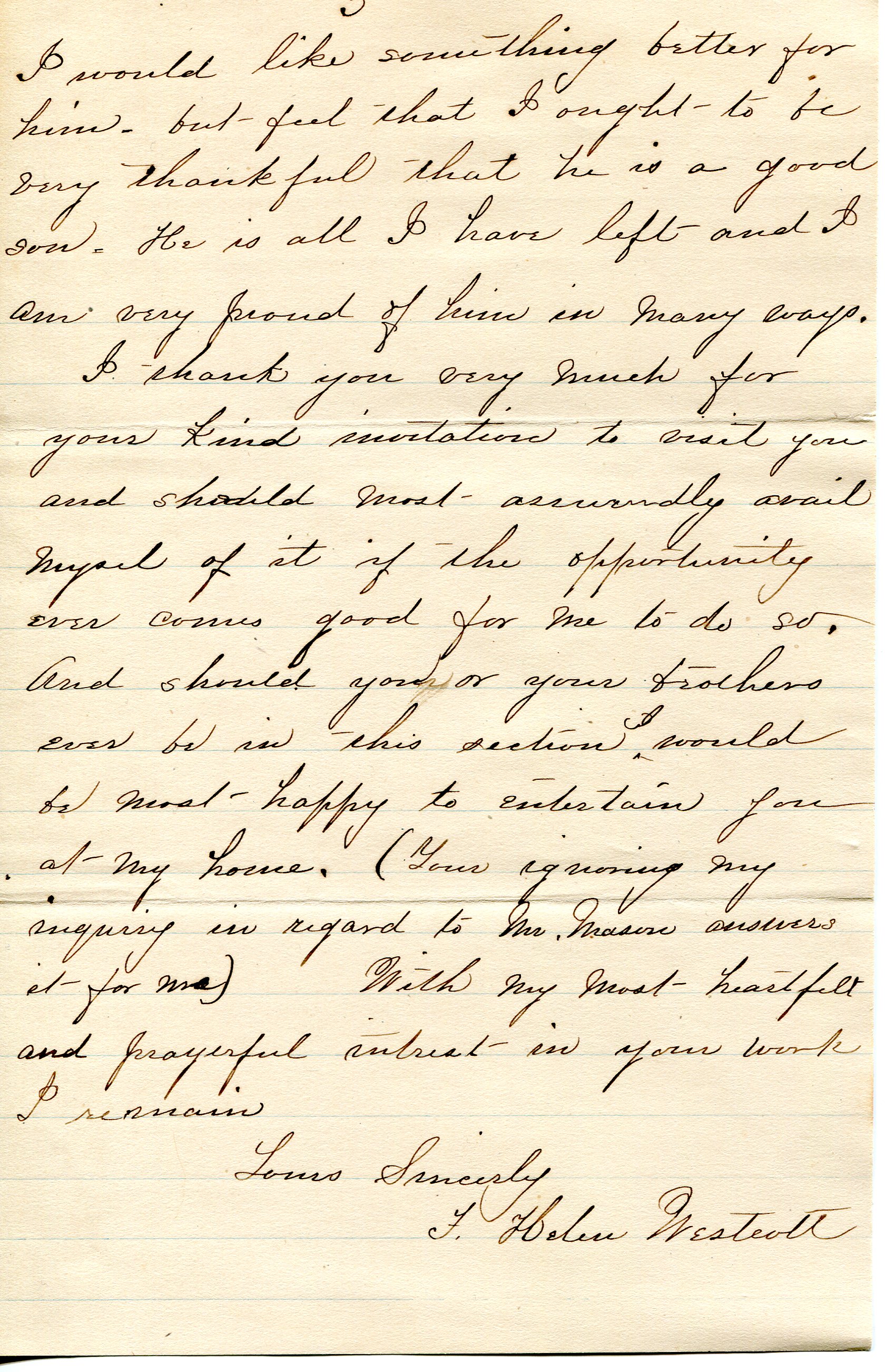 Page three of a letter from Helen Westcott to H. B. McAfee regarding the money she’s sending and her thankfulness for Park’s work. April 1, 1898