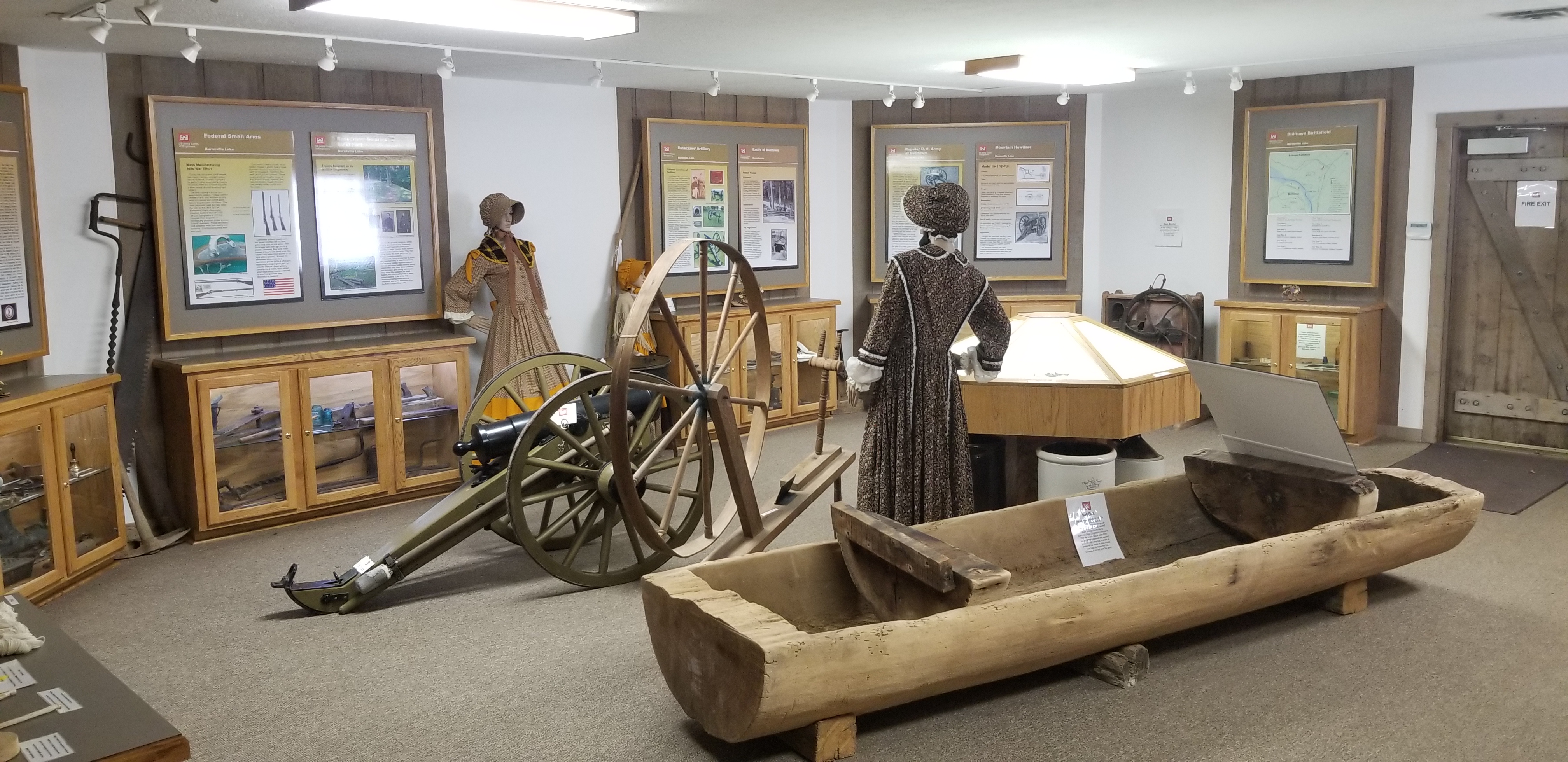There are multiple displays of Civil War Artifacts, Summaries, Weapons, Ammo, Clothing, Tools, and Other Items from Bulltown.