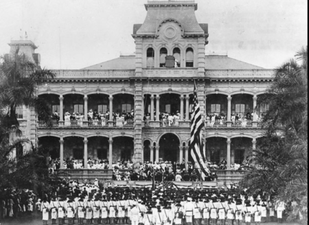 After the kingdom of Hawaii was overthrown by the United States government, the Hawaiian flag was lowered and replaced with an American flag.