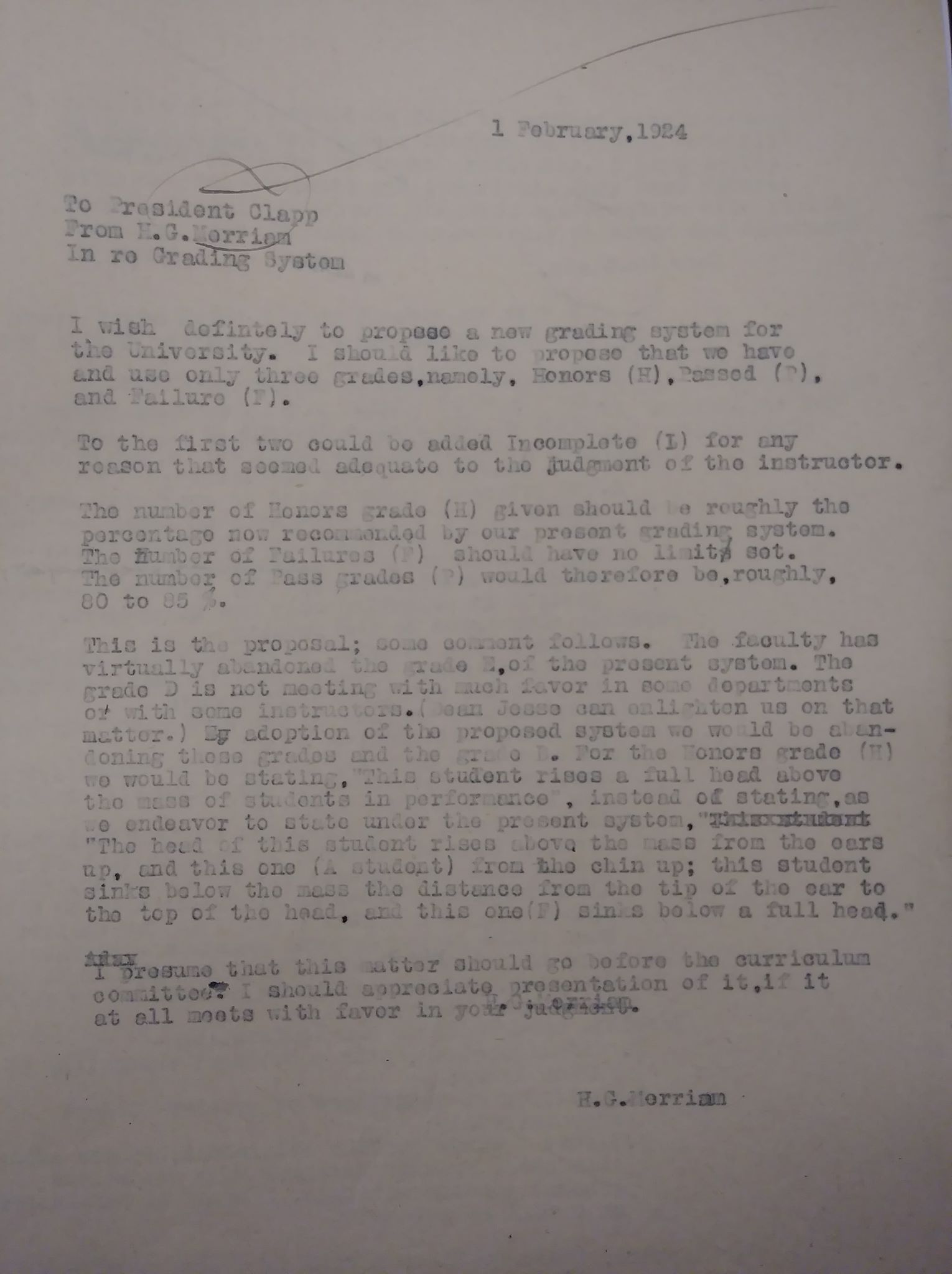A 1924 letter in which Merriam suggests a change to the grading system