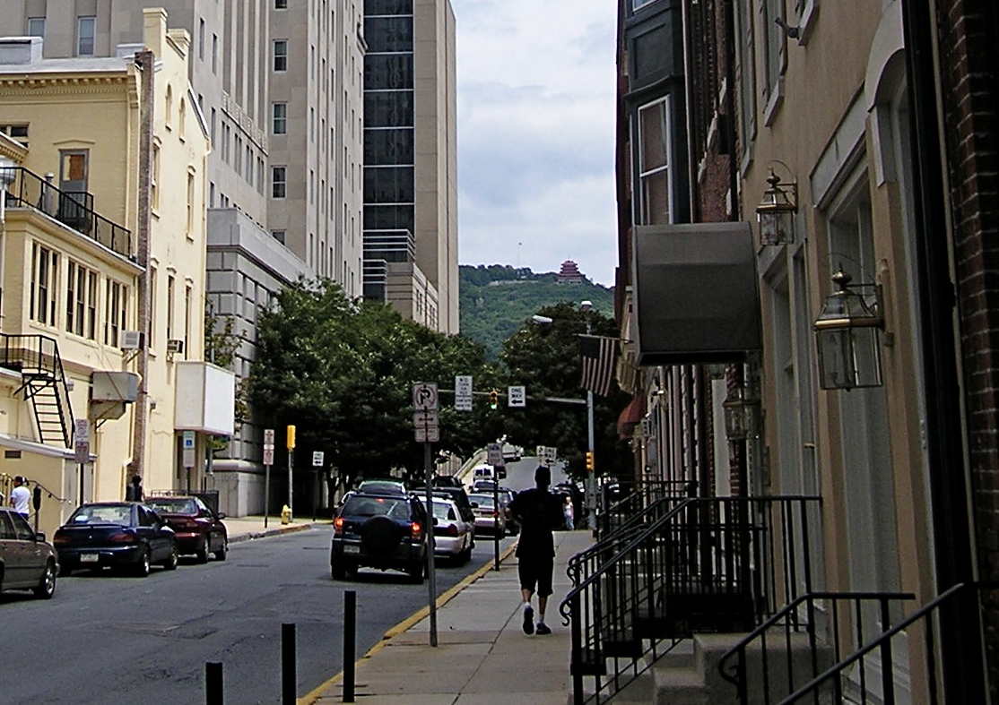 City of Reading street with the Pagoda overlooking it from Mt. Penn