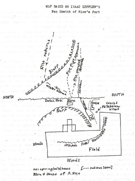 "Map based on Isaac Leffler's pen sketch of Rice's Fort," Raymond M. Bell, Dutch Fork Settlement