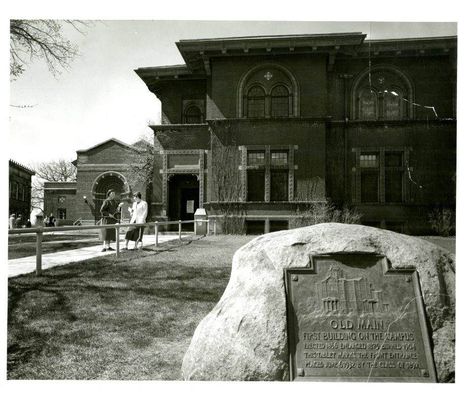Shevlin Hall in 1954, with a plaque commemorating Old Main