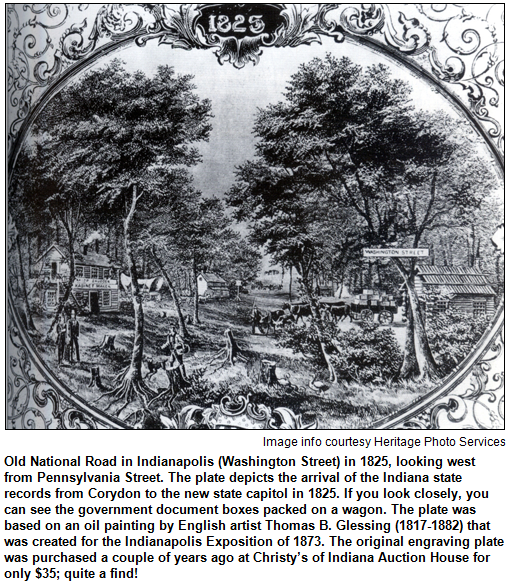 1825 engraving of the Old National Road being carved out of what is today Indianapolis's Washington Street. This is a great period time example of the roads that cut through the state and the city of Indianapolis.