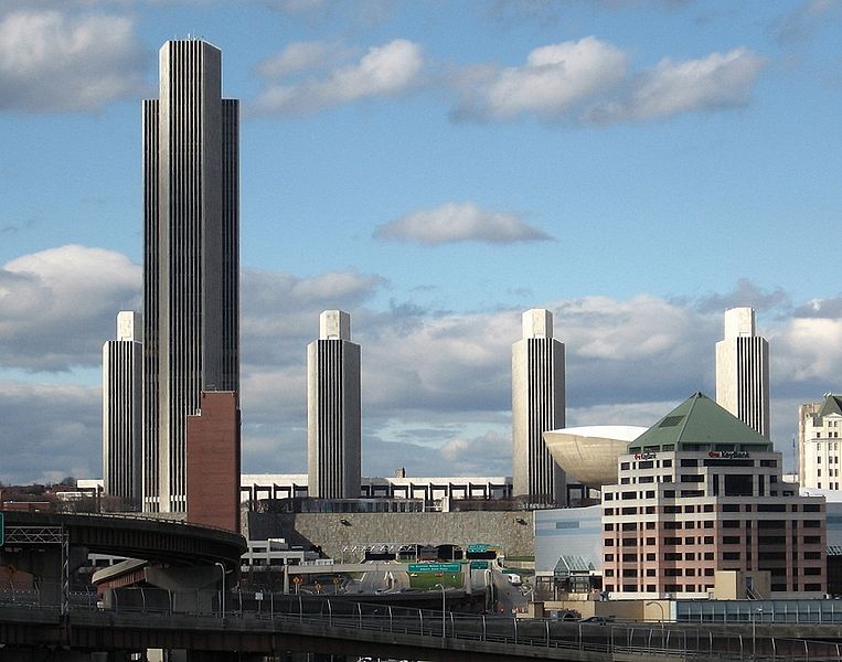 Side view of the Empire State Plaza, showing the Corning Tower, the Egg and the Agency Buildings.