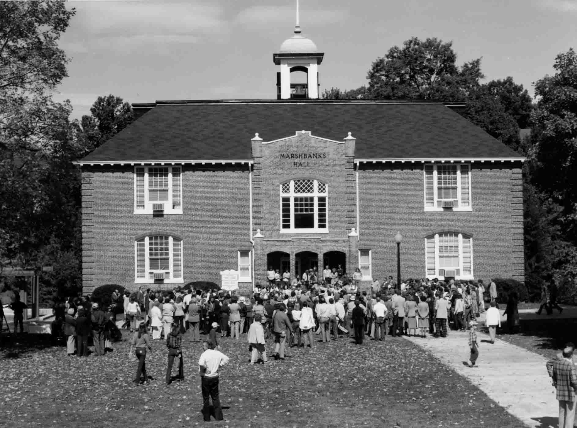 Crowd gathering for the renaming of Robert Lee Moore Hall to Marshbanks Hall, 1979.