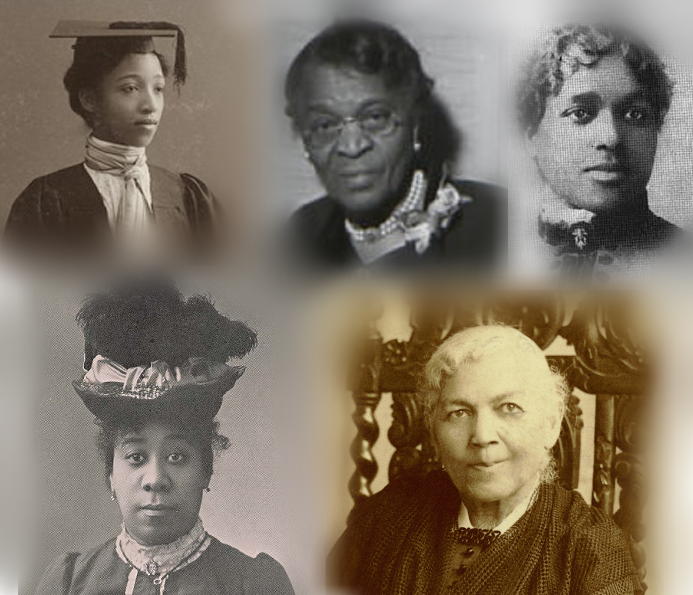 A collage of black and white and sepia tone photos of five different Black women