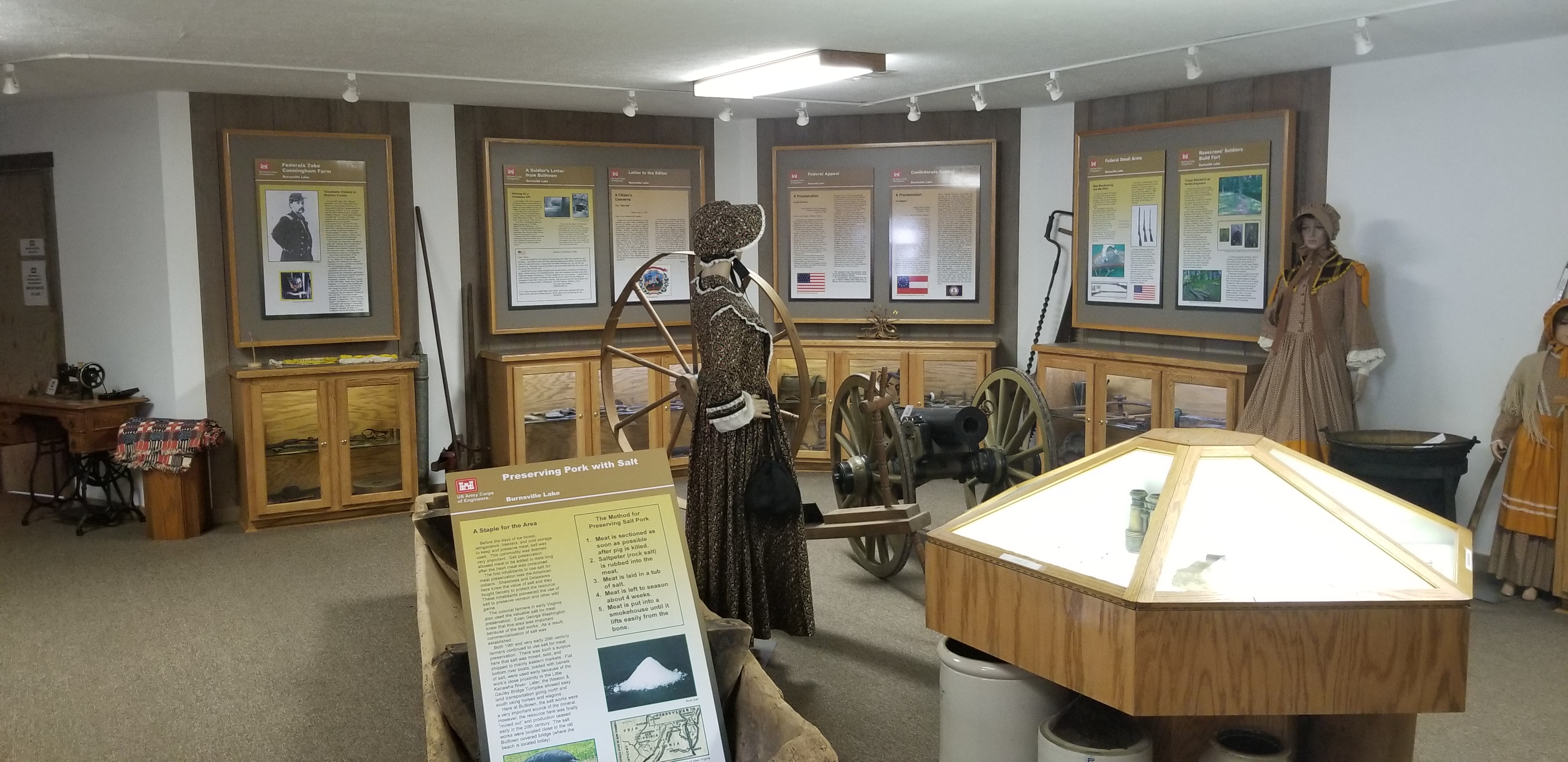 There are multiple displays of Civil War Artifacts, Summaries, Weapons, Ammo, Clothing, Tools, and Other Items from Bulltown.