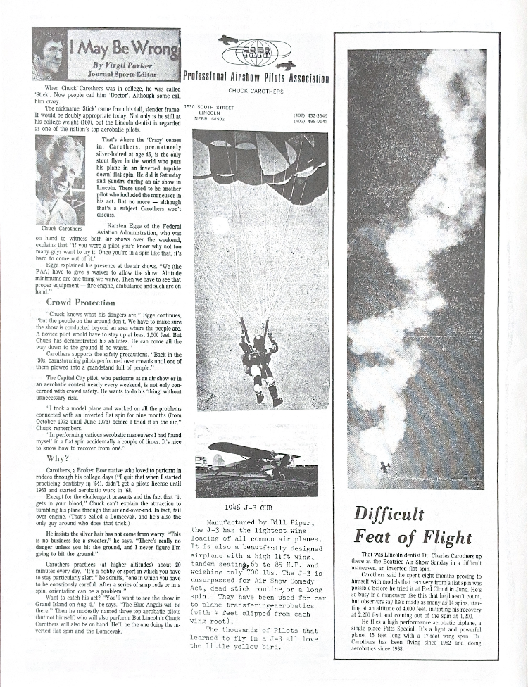Multiple columns and features in the air show program on Dr. Charles Carothers, written by Virgil Parker