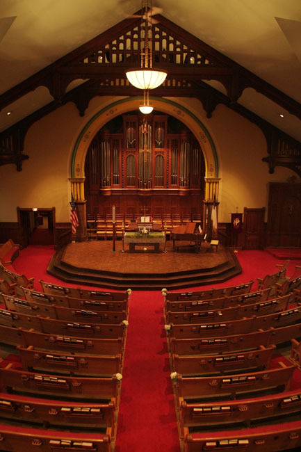 Central United Methodist Church has an exterior of Ionia sandstone and its interior woodwork is red oak.