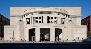 The front of the United States Holocaust Memorial Museum. The museum serves as a living memorial as well as a place of education and dialogues about Antisemitism and genocide.
