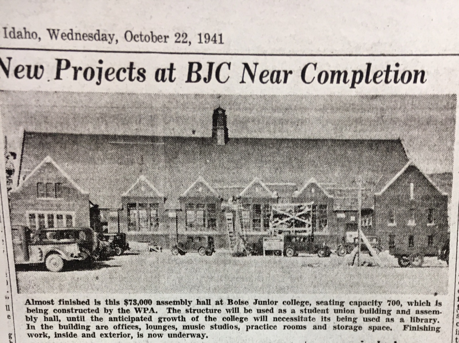 Photo of almost-completed Assembly Hall fall, 1941.
source: Boise Capital News. October 22, 1941.