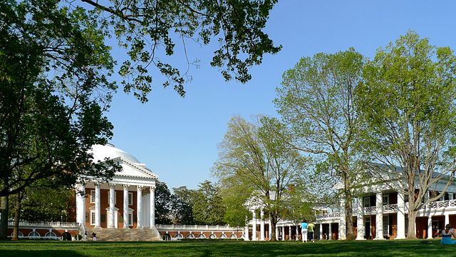 University of Virginia Lawn, view of the Rotunda (left), Pavilion II (middle), and Pavilion IV (right)
