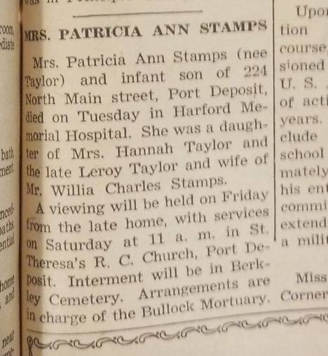 Newspaper cutout of the announcement of Mrs. Stamps' viewing