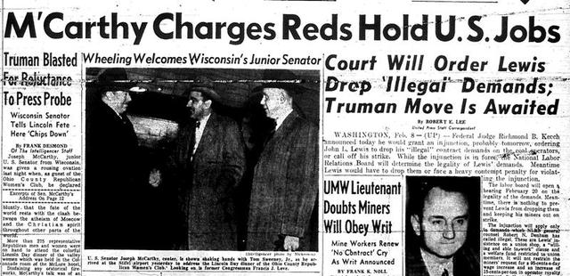 Wheeling newspaper headline following McCarthy speech at McLure Hotel, February 9, 1950. (Photo Credit: e-WV/Ohio Co. Public Library)