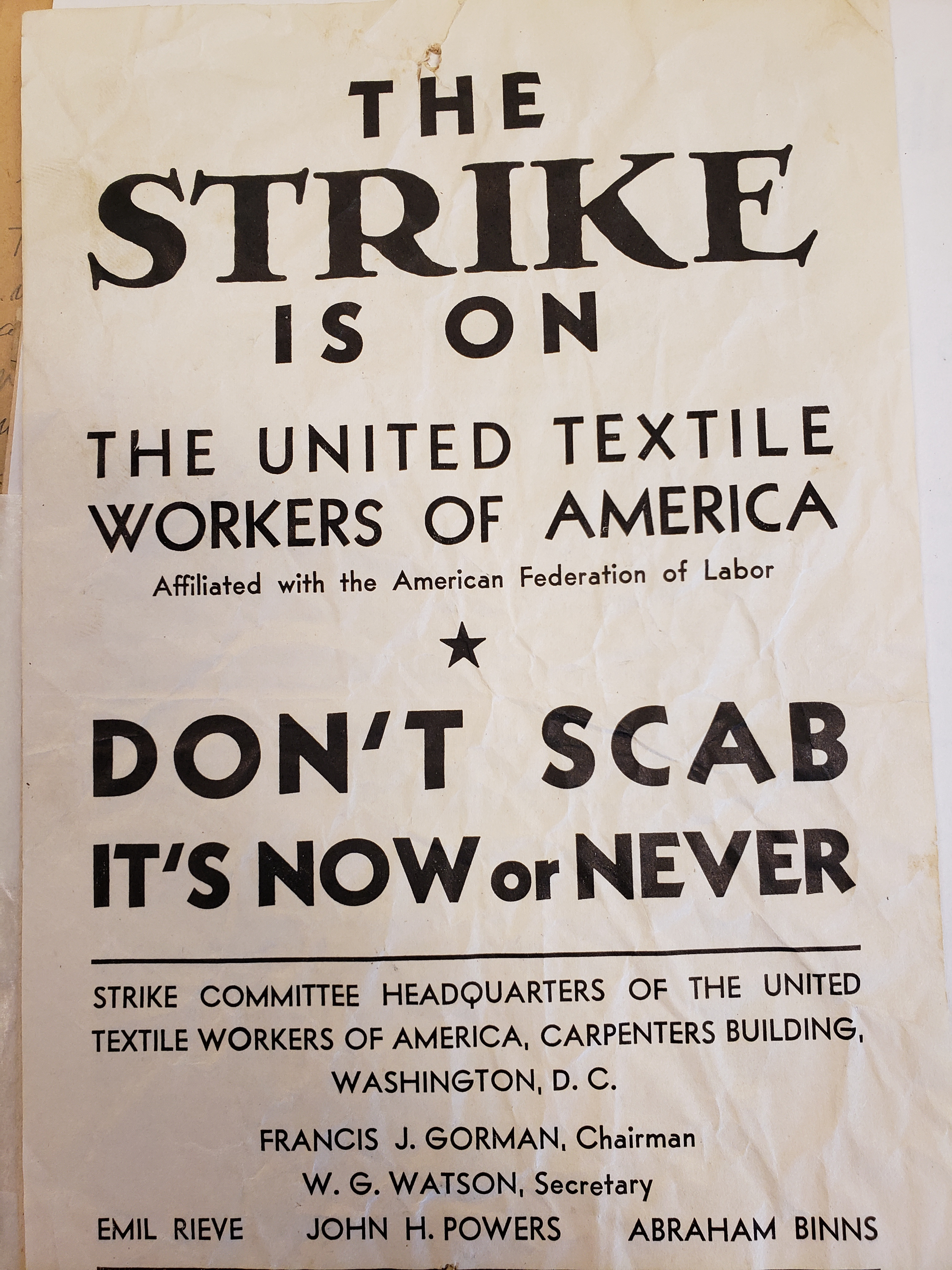 TWUA pamphlet for Harmony Grove mill strikers in Commerce, GA