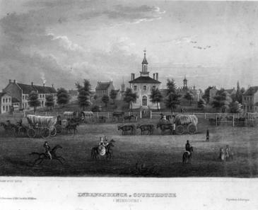 Reproduction of an engraving of the first Jackson County courthouse in Independence, Missouri, probably dated around 1844.
