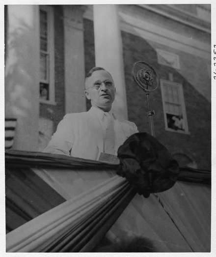 Jackson County Presiding Judge Harry S. Truman is speaking at the dedication of the Jackson County Courthouse in Independence, Missouri in 1933.