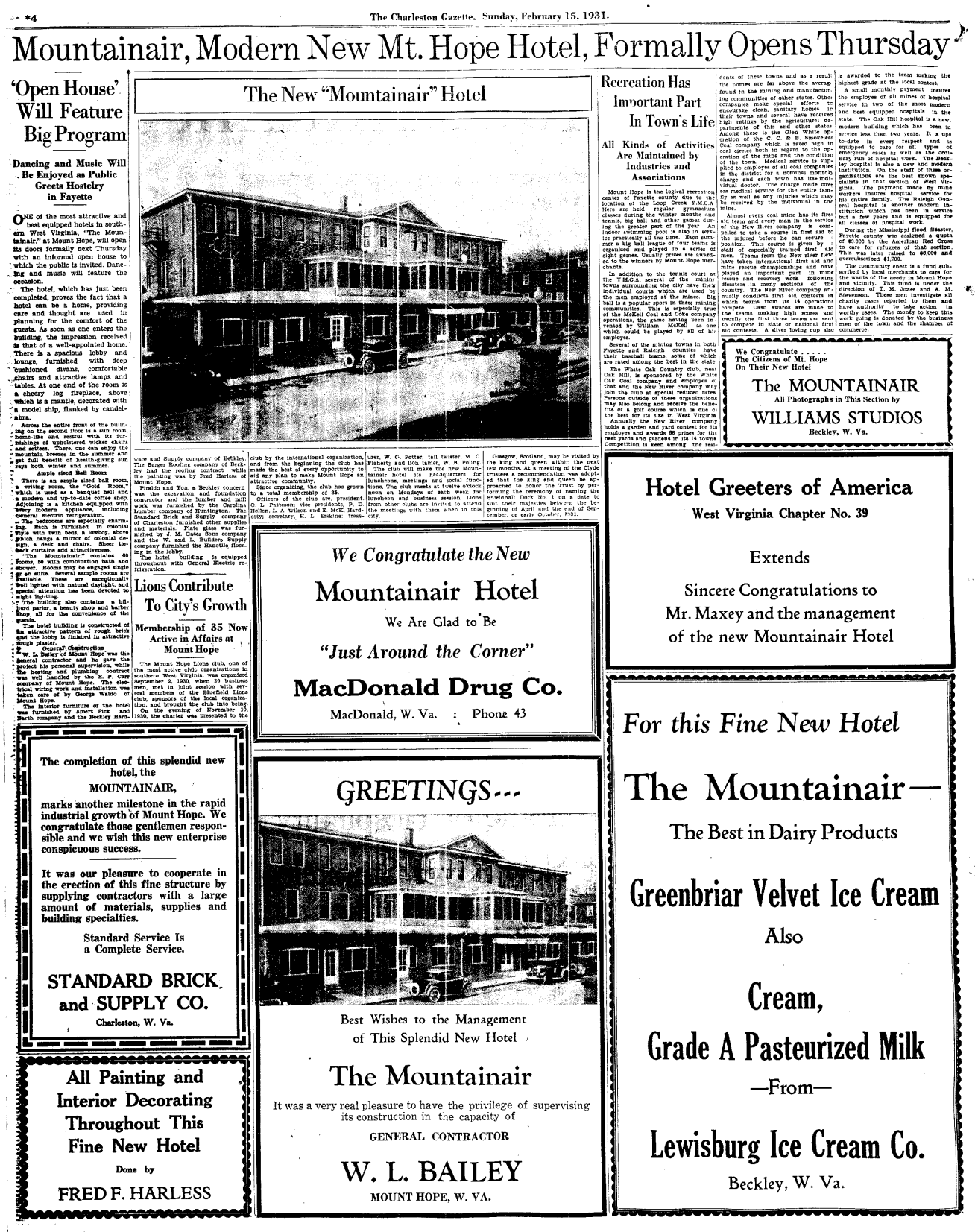 This is part of a special section of the Charleston Gazette that featured all the amenities of the town of Mount Hope offered travelers to the area.  
