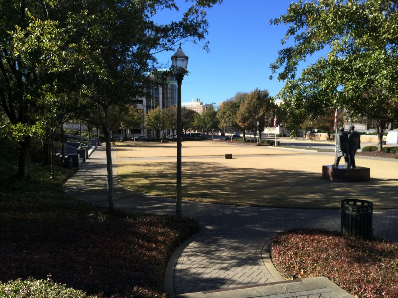 The site of the former parking lot is now a small park. 