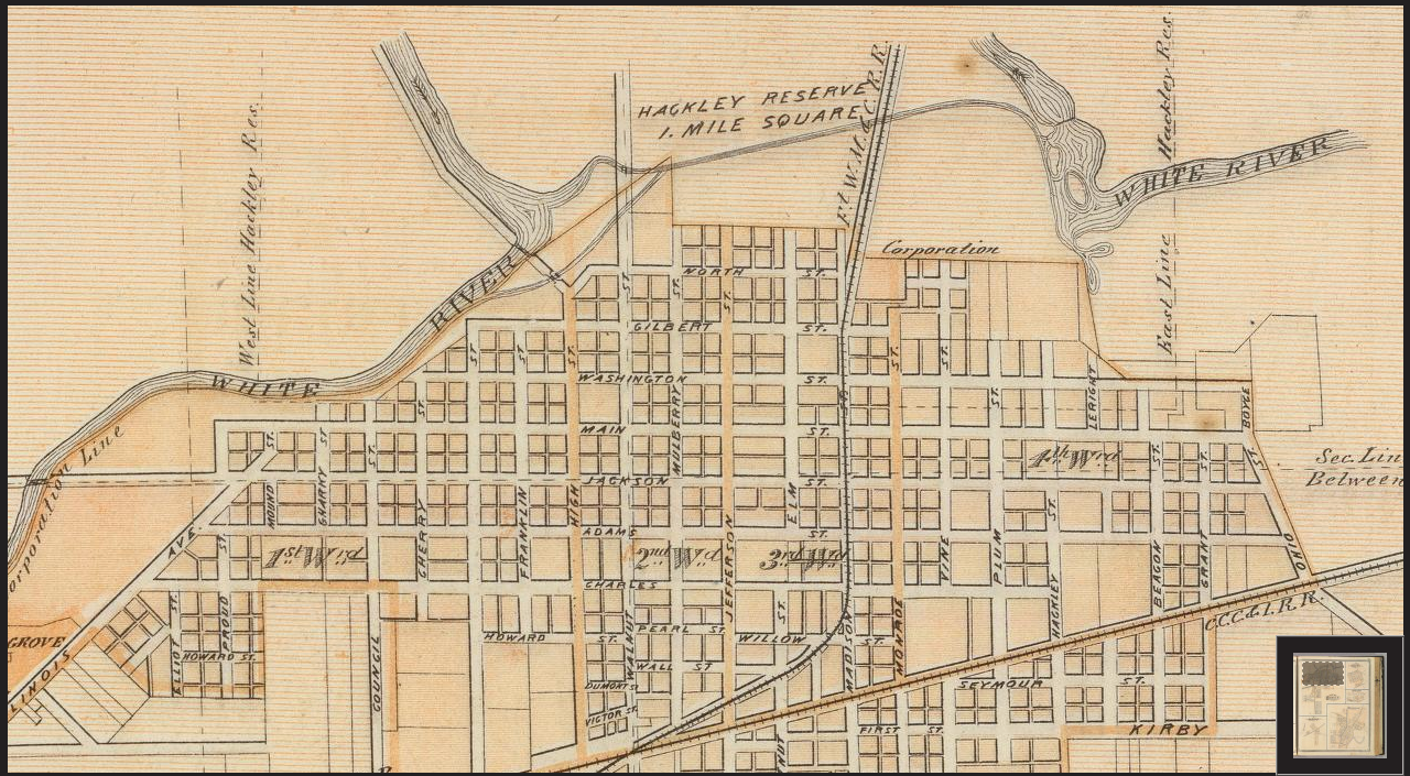 This is part of a Muncie Township map from 1876. At the top center is part of the Hackley Reserve, which intersects with present day Minnetrista.