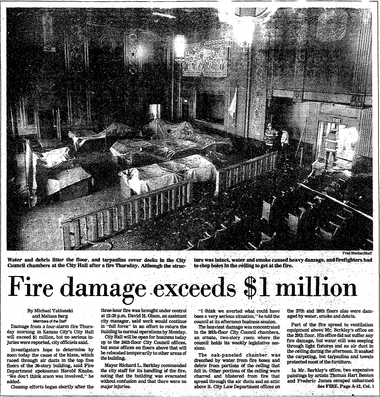 An image of the Kansas City Star article detailing a fire that caused damage to the top several floors of City Hall, including smoke and water damage to the Council Chamber.