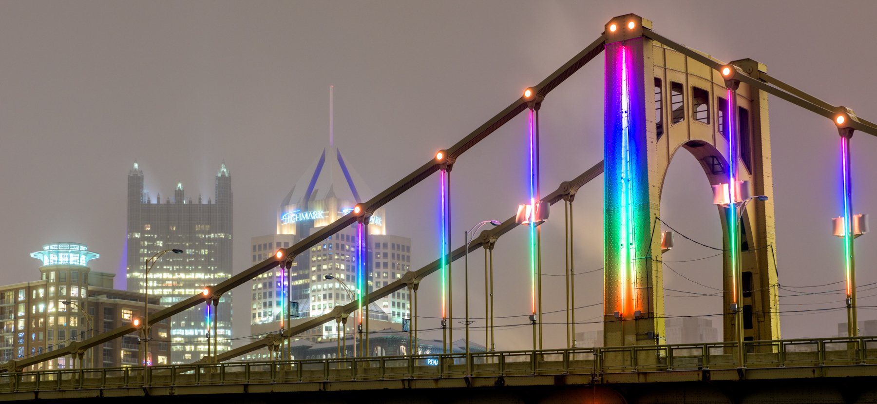 The Carson Bridge illuminated through the "Energy Flow" project which utilizes wind power to generate the power for the numerous LED lights on the bridge.