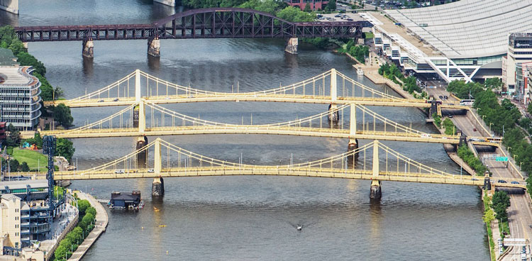 The "Three Sisters," the Rachel Carson, Andy Warhol and Roberto Clemente Bridges, in order, from the top.