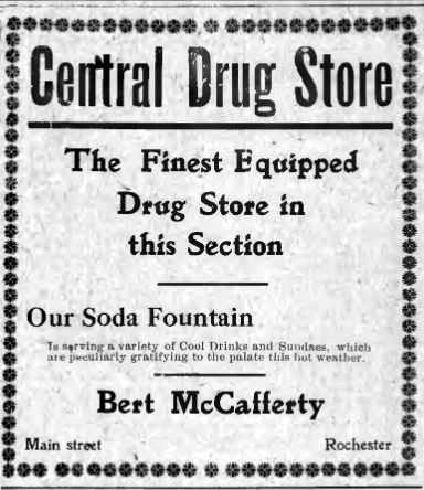 Newspaper ad for McCafferty's Central Drug Store, 1908