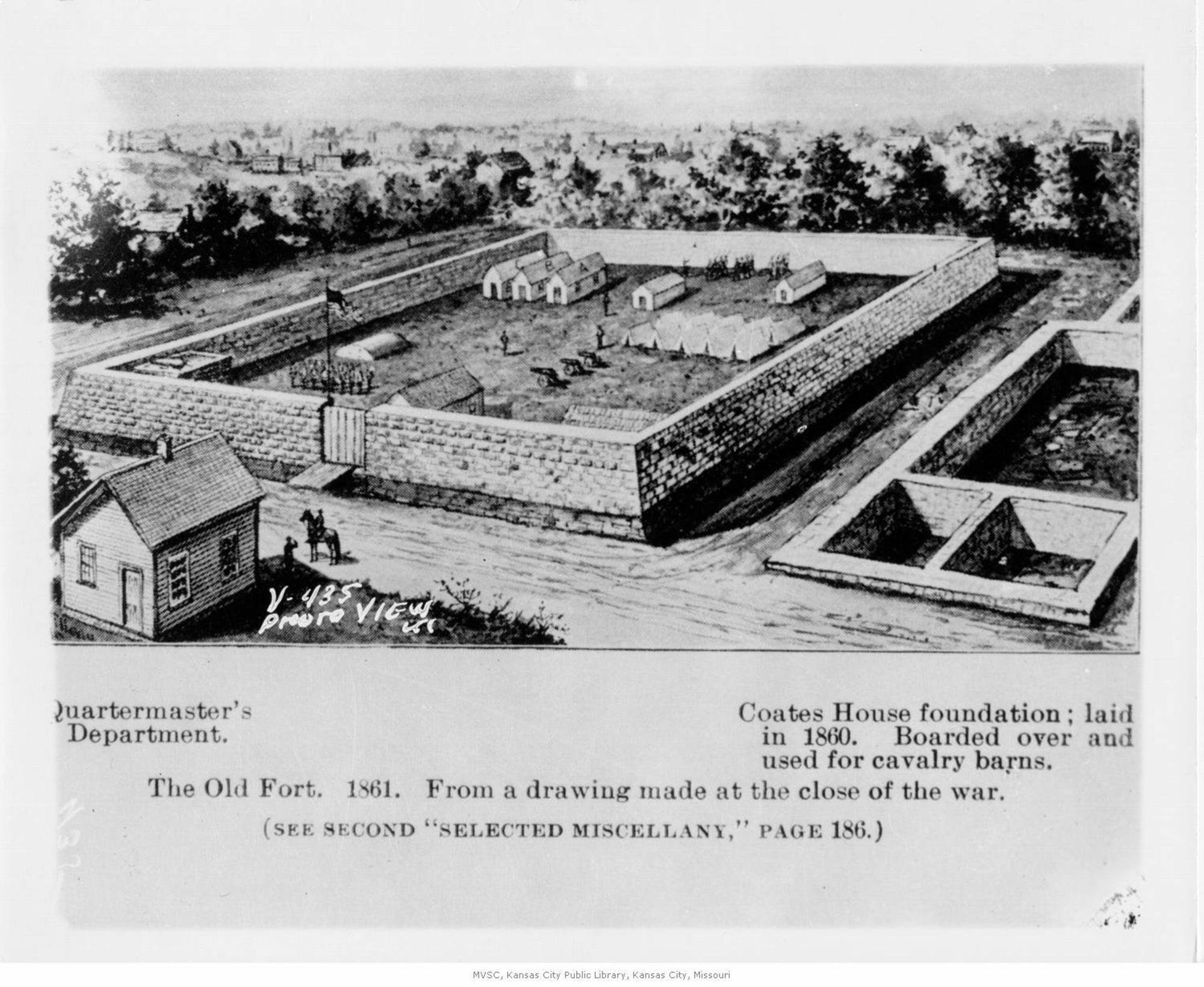 Drawing of Camp Union made near the end of the war in 1865. Image courtesy of the Missouri Valley Special Collections of the Kansas City Public Library.