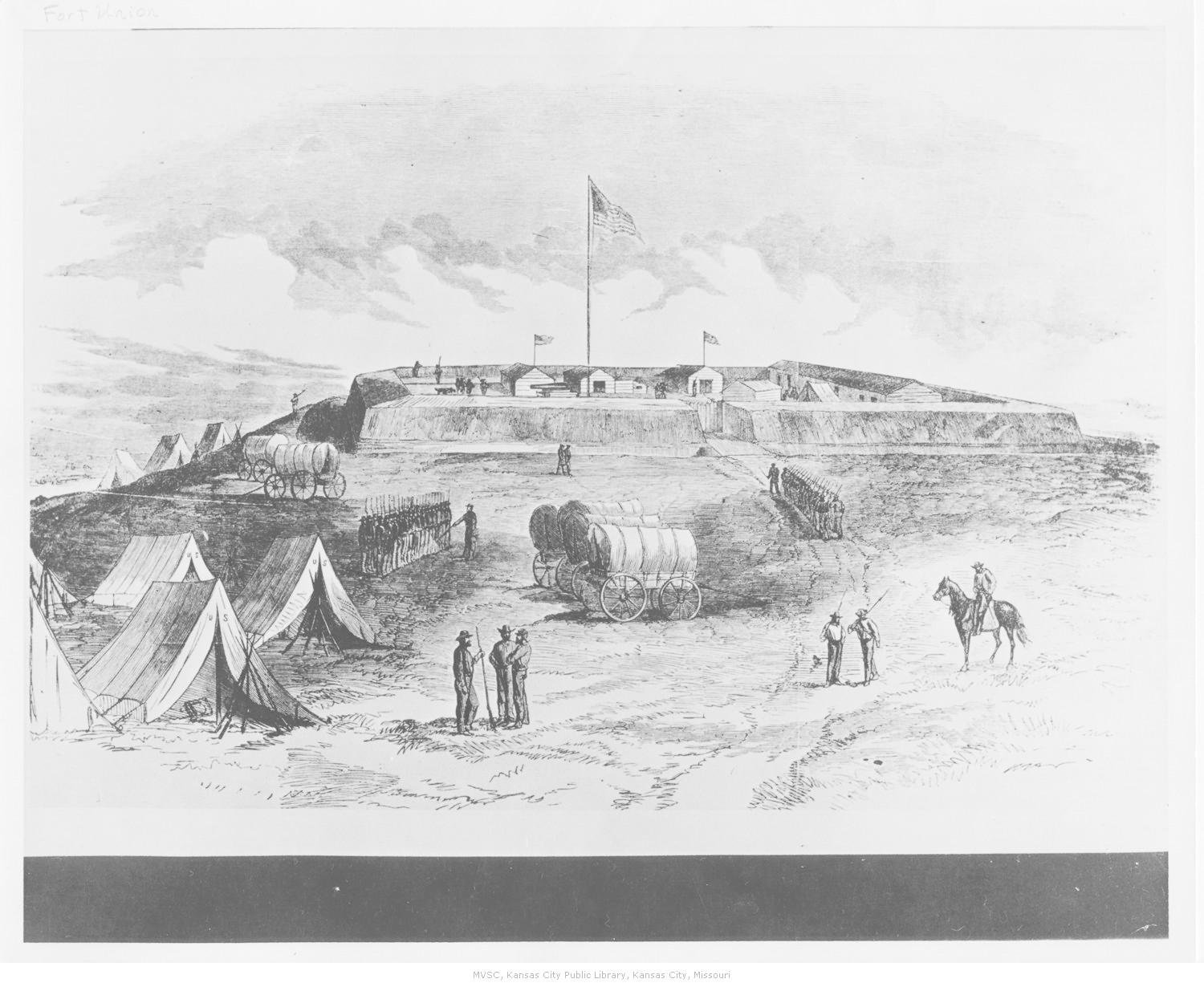 Drawing of Camp Union published in "New York Illustrated News" in 1861. Image courtesy of the Missouri Valley Special Collections of the Kansas City Public Library.