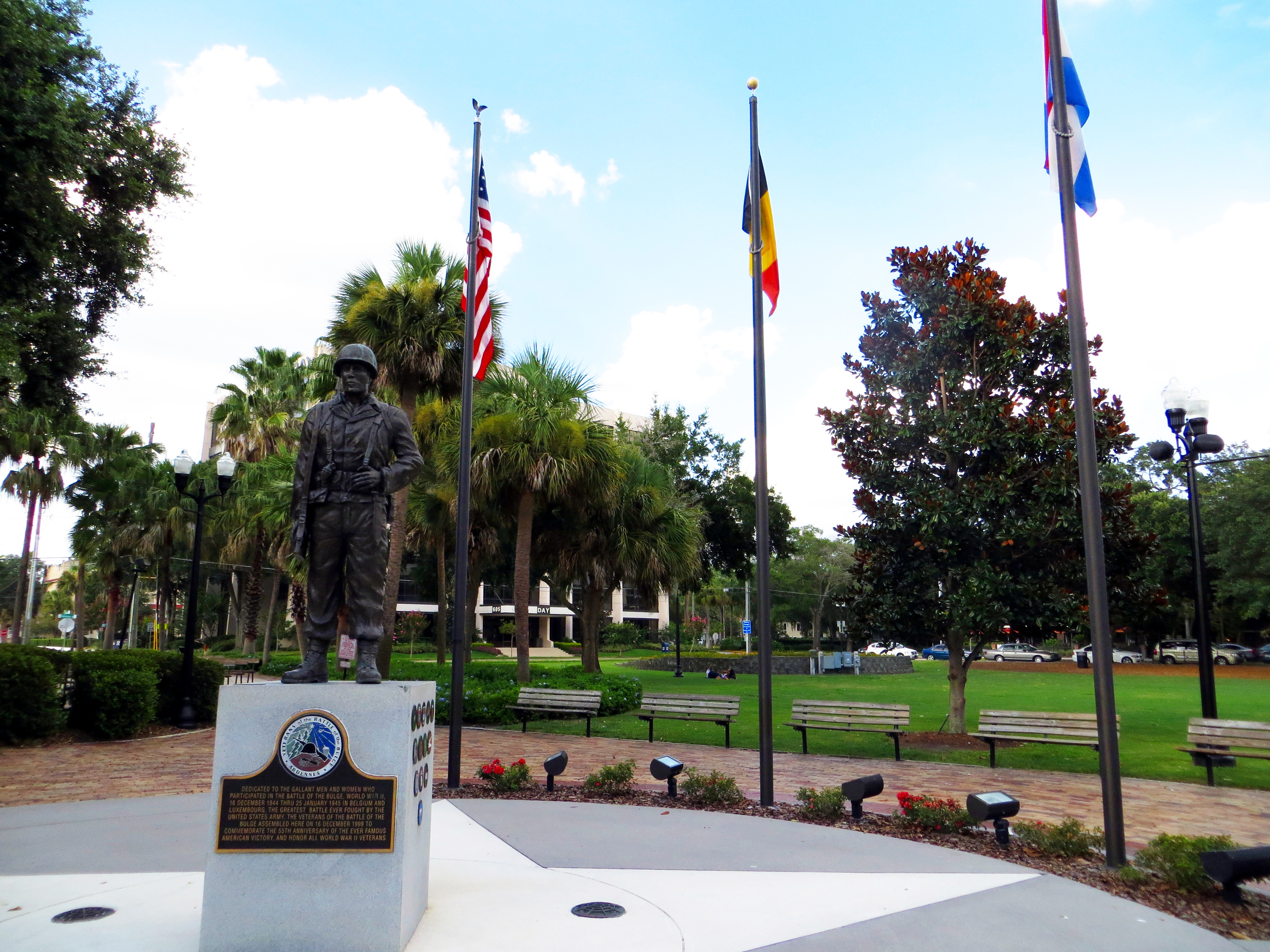 The bronze memorial was erected in 1999 by the Central Florida Chapter of the Veterans of the Battle of the Bulge. Image obtained from Panoramio.