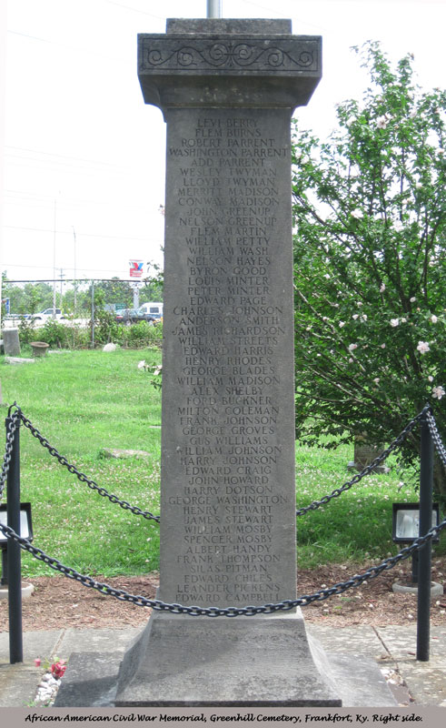 The Greenhill Monument bearing the names of 142 African Americans from Central Kentucky who fought in the Civil War. 