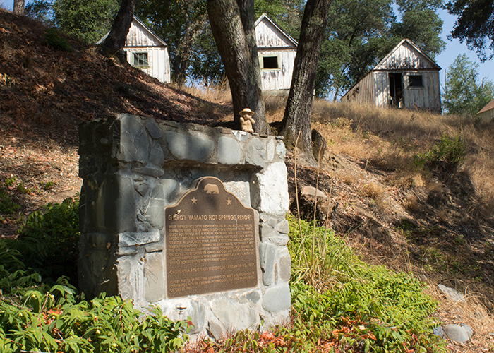 The path that leads up to the guest cabins with a historical marker in the foreground.
