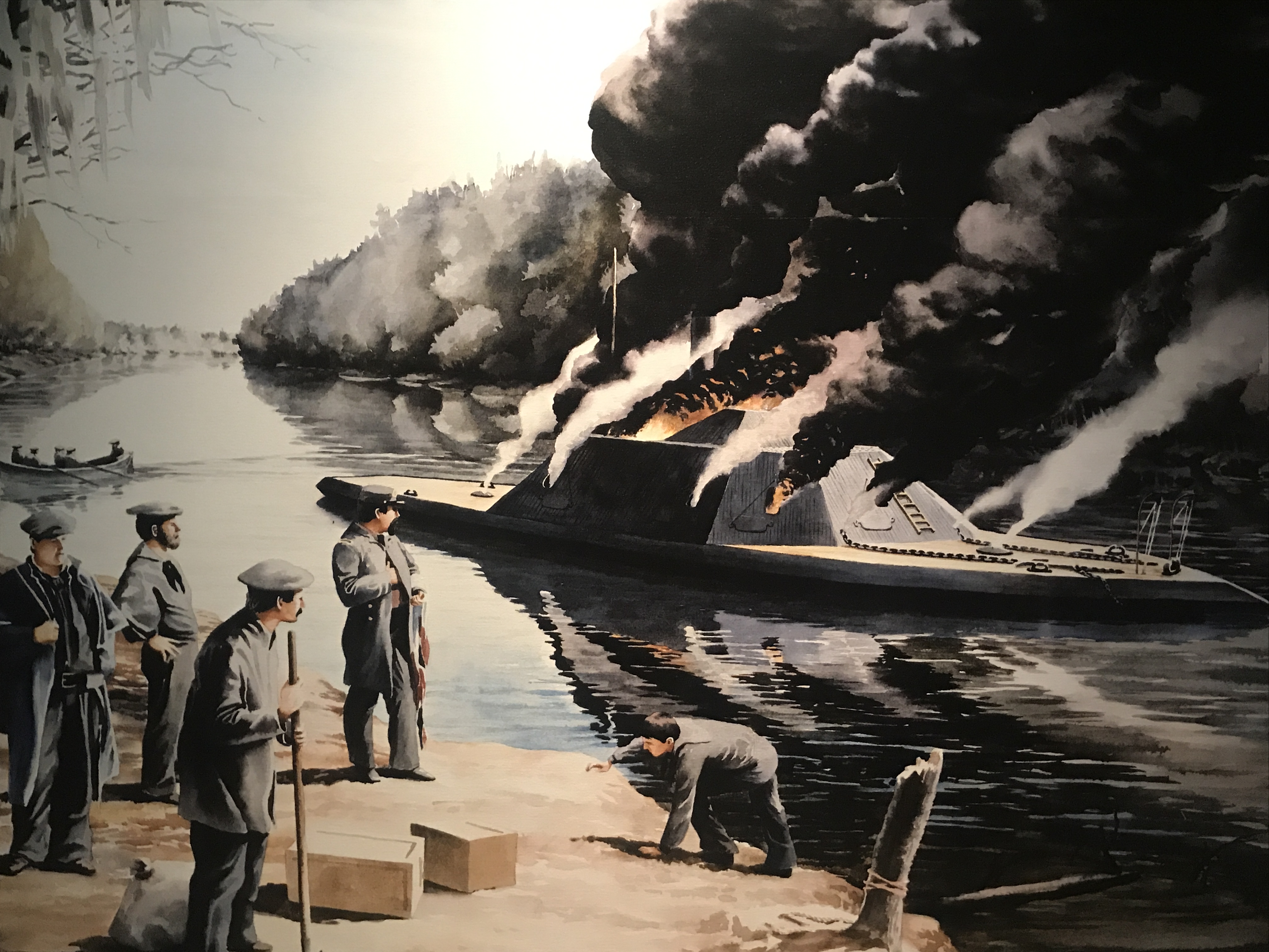 A painting of the burning of the CSS Neuse. "The Neuse is Scuttled, March 1865" by Stephen McCall.